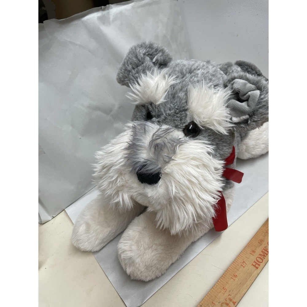 WALMART Large Schnauzer Dog Plush Stuffed Animal Red Bow Gray White Realistic